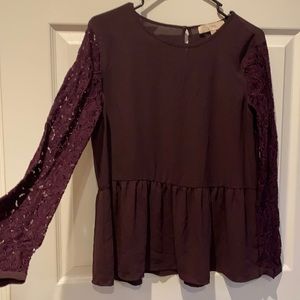Loft maroon blouse - lace sleeve - peplum